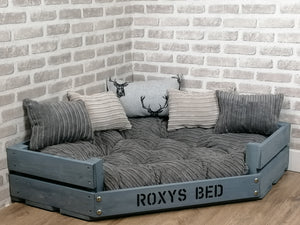 Personalised Grey Corner Wooden Dog Bed In Grey Jumbo Cord With Matching Cushions