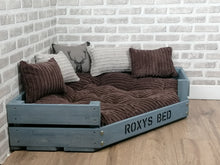 Load image into Gallery viewer, Personalised Grey Corner Wooden Dog Bed In Brown Jumbo Cord With Matching Cushions