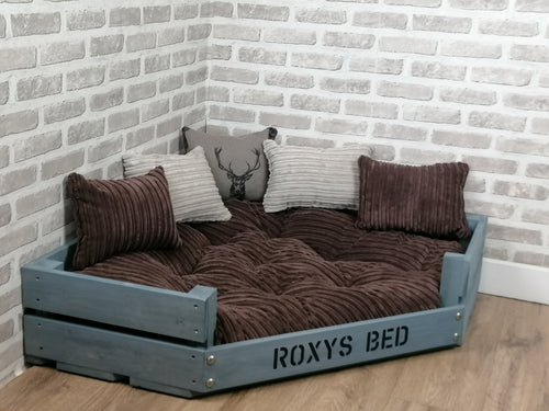 Personalised Grey Corner Wooden Dog Bed In Brown Jumbo Cord With Matching Cushions