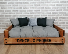 Load image into Gallery viewer, Personalised Rustic Wooden Dog Bed In Grey /Black/Silver  Fabric