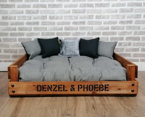Personalised Rustic Wooden Dog Bed In Grey /Black/Silver  Fabric