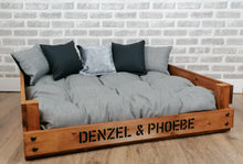 Load image into Gallery viewer, Personalised Rustic Wooden Dog Bed In Grey /Black/Silver  Fabric