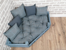 Load image into Gallery viewer, Personalised Grey Corner Wooden Dog Bed In Grey Check Wool Feel Fabric