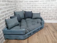Load image into Gallery viewer, Personalised Grey Corner Wooden Dog Bed In Grey Check Wool Feel Fabric