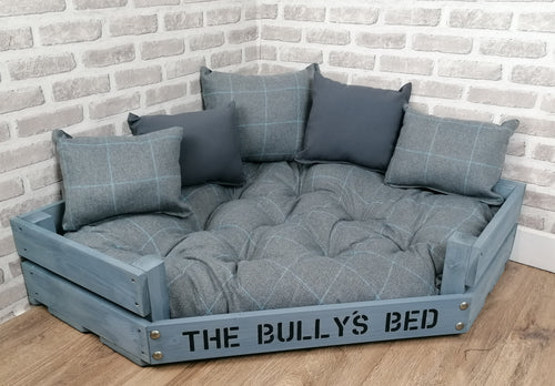 Personalised Grey Corner Wooden Dog Bed In Grey Check Wool Feel Fabric