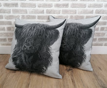 Load image into Gallery viewer, Set of 2 or 4 Grey Highland Cow Cushion And Cover Sets- Zipped Size 22&quot;-56cm