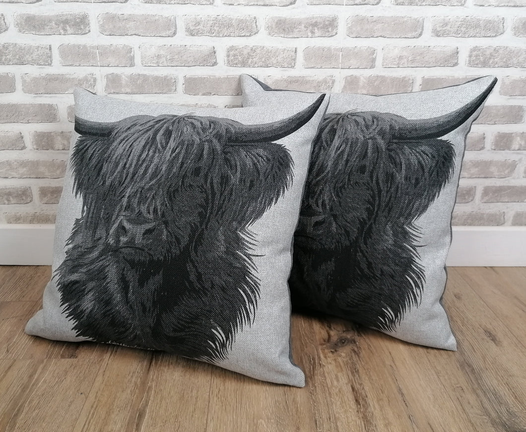 Set of 2 or 4 Grey Highland Cow Cushion And Cover Sets- Zipped Size 22