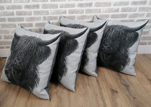 Set of 2 or 4 Grey Highland Cow Cushion And Cover Sets- Zipped Size 22"-56cm
