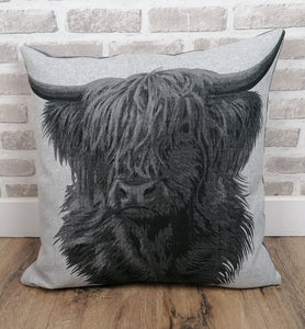Set of 2 or 4 Grey Highland Cow Cushion And Cover Sets- Zipped Size 22"-56cm