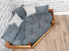 Load image into Gallery viewer, Personalised Rustic Wooden Corner Dog Bed In Grey Jumbo Cord With Matching Cushions