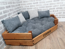 Load image into Gallery viewer, Personalised Rustic Wooden Corner Dog Bed In Grey Jumbo Cord With Matching Cushions