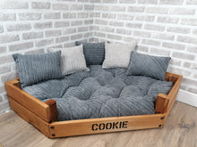 Load image into Gallery viewer, Personalised Rustic Wooden Corner Dog Bed In Grey Jumbo Cord With Matching Cushions