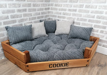 Load image into Gallery viewer, Personalised Rustic Wooden Corner Dog Bed In Grey Jumbo Cord With Matching Cushions