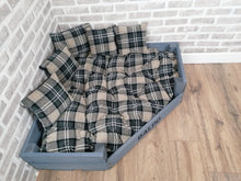 Load image into Gallery viewer, Personalised Grey Corner Wooden Dog Bed In Black/Grey Upholstery Fabric