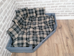 Personalised Grey Corner Wooden Dog Bed In Black/Grey Upholstery Fabric