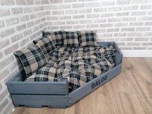 Load image into Gallery viewer, Personalised Grey Corner Wooden Dog Bed In Black/Grey Upholstery Fabric