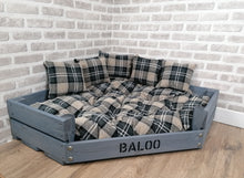 Load image into Gallery viewer, Personalised Grey Corner Wooden Dog Bed In Black/Grey Upholstery Fabric