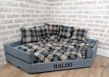 Load image into Gallery viewer, Personalised Grey Corner Wooden Dog Bed In Black/Grey Upholstery Fabric