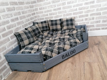 Load image into Gallery viewer, Personalised Grey Corner Wooden Dog Bed In Black/Grey Upholstery Fabric