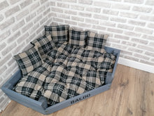 Load image into Gallery viewer, Personalised Grey Corner Wooden Dog Bed In Black/Grey Upholstery Fabric