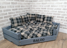 Load image into Gallery viewer, Personalised Grey Corner Wooden Dog Bed In Black/Grey Upholstery Fabric