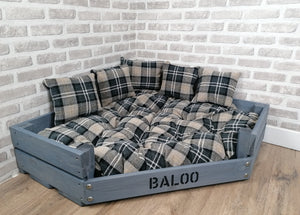 Personalised Grey Corner Wooden Dog Bed In Black/Grey Upholstery Fabric