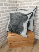 Load image into Gallery viewer, Set of 2 Grey Highland Cow Cushion And Cover Set -Fully piped &amp; Zipped Size 22&quot;-56cm