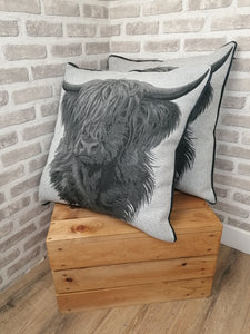 Set of 2 Grey Highland Cow Cushion And Cover Set -Fully piped & Zipped Size 22"-56cm