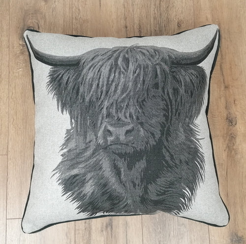 Set of 2 Grey Highland Cow Cushion And Cover Set -Fully piped & Zipped Size 22