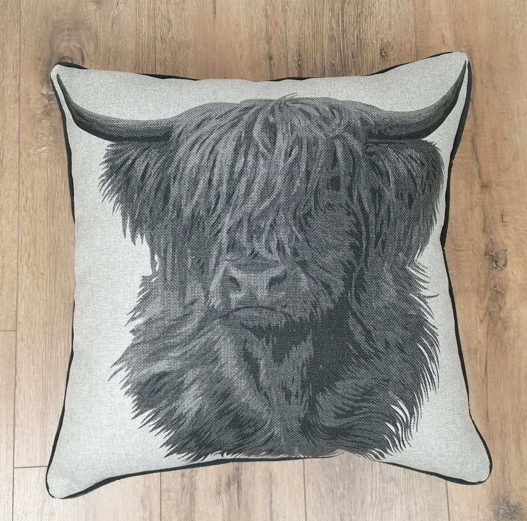 Set of 2 Grey Highland Cow Cushion And Cover Set -Fully piped & Zipped Size 22