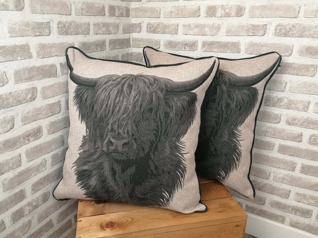 Set of 2 Beige Highland Cow Cushion And Cover Set -Fully piped & Zipped Size 22