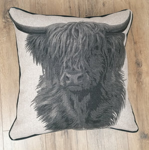 Set of 2 Beige Highland Cow Cushion And Cover Set -Fully piped & Zipped Size 22"-56cm
