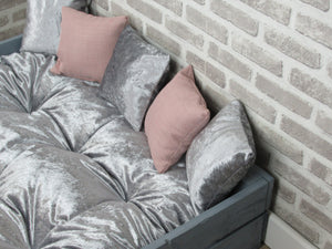 Extra Large Personalised Rustic Grey Wooden Dog Bed In Grey and Pink Fabric