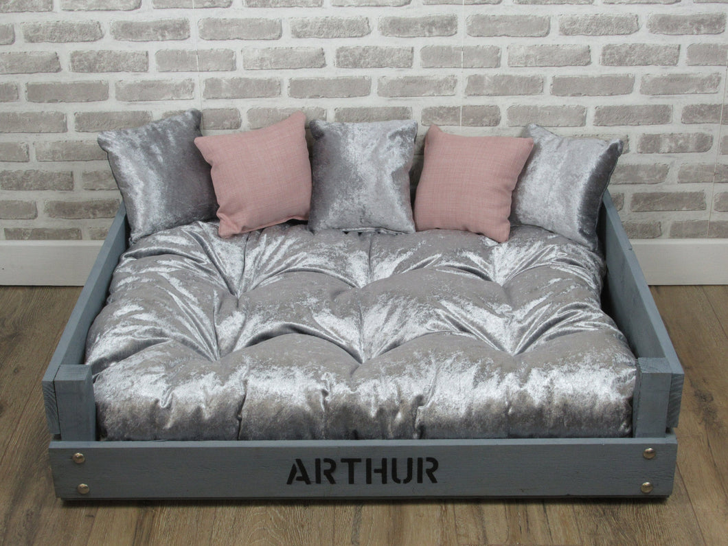 Extra Large Personalised Rustic Grey Wooden Dog Bed In Grey and Pink Fabric