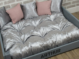 Extra Large Personalised Rustic Grey Wooden Dog Bed In Grey and Pink Fabric