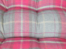 Load image into Gallery viewer, Large Personalised Rustic Grey Wooden  Dog Bed In Red Check Wool Feel Fabric