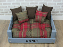 Load image into Gallery viewer, Large Personalised Rustic Grey Wooden  Dog Bed In Red Check Wool Feel Fabric