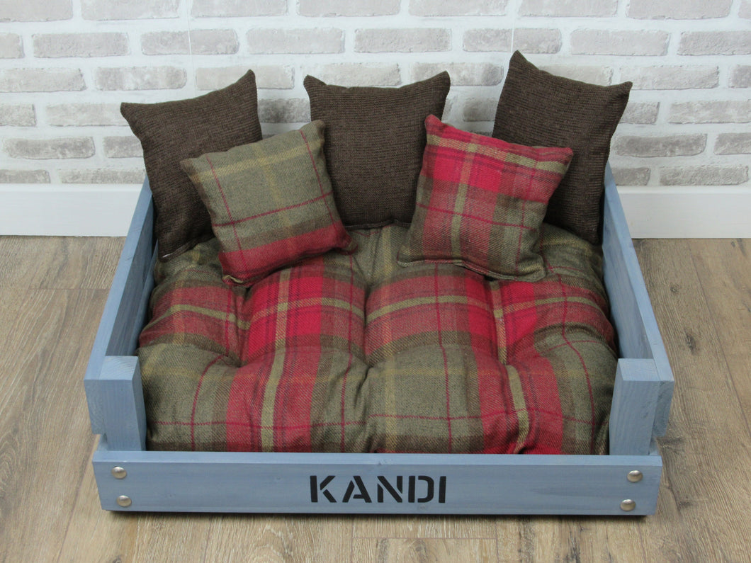 Large Personalised Rustic Grey Wooden  Dog Bed In Red Check Wool Feel Fabric