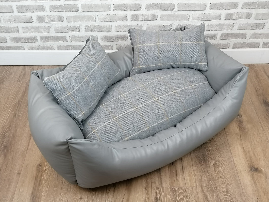 Grey Faux Leather Dog Bed With Wool Inner Cushion In Sizes Small, Large & Extra Large