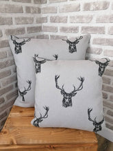 Load image into Gallery viewer, 28&quot; Scatter Back Grey Highland Stag Cushion Covers With Inserts -Set of 2