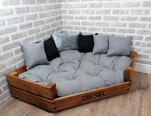 Load image into Gallery viewer, Personalised Rustic Wooden Corner Dog Bed In Grey And Black Upholstery Fabric