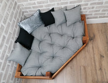 Load image into Gallery viewer, Personalised Rustic Wooden Corner Dog Bed In Grey And Black Upholstery Fabric