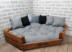 Personalised Rustic Wooden Corner Dog Bed In Grey And Black Upholstery Fabric