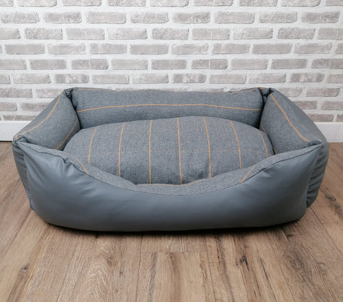 Grey Faux Leather Dog Bed With Grey Wool Feel Fabric Inner Cushion