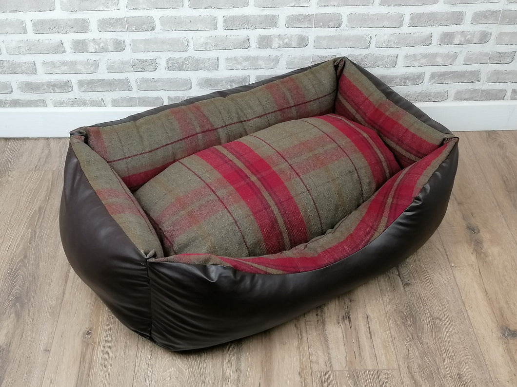 Brown Faux Leather Dog Bed With Red Wool Feel Fabric Inner Cushion
