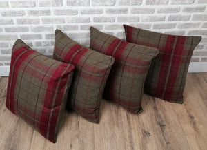 22" Red Check Wool Feel Fabric Cushion Covers With Inserts -Set of 4