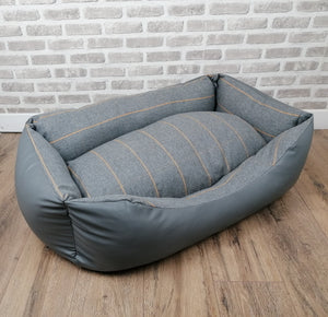 Grey Faux Leather Dog Bed With Grey Wool Feel Fabric Inner Cushion
