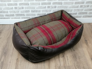 Brown Faux Leather Dog Bed With Red Wool Feel Fabric Inner Cushion