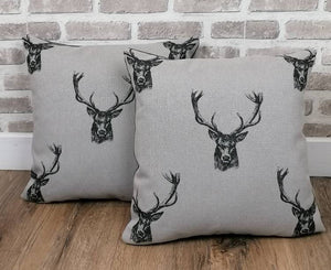 28" Scatter Back Grey Highland Stag Cushion Covers With Inserts -Set of 2