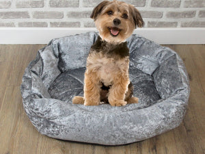 Grey Crushed Velvet Dog / Cat Bed With Button Style Stitch